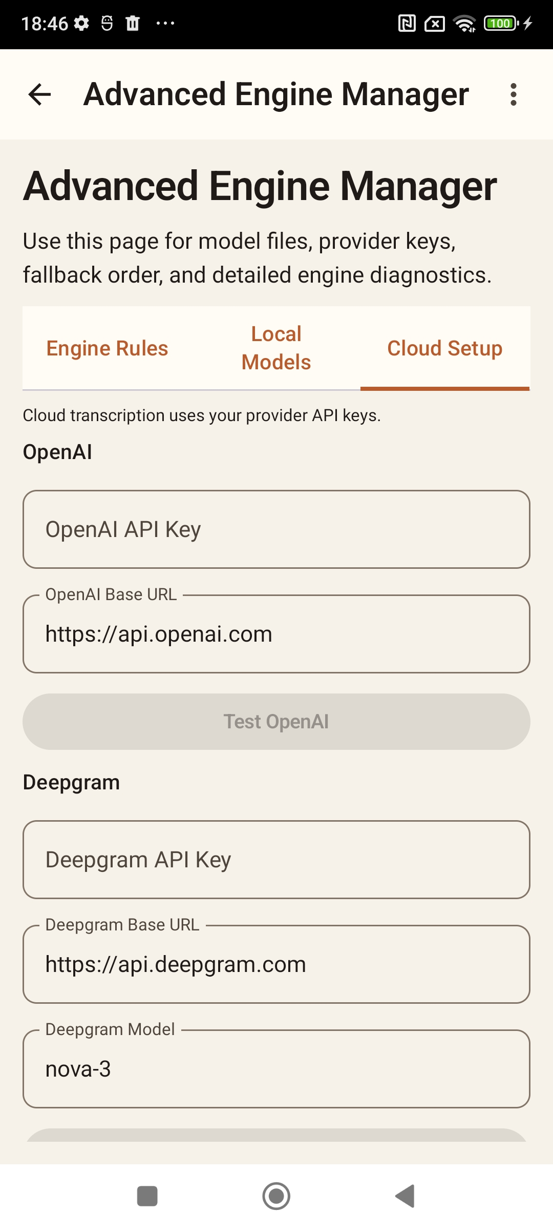 Advanced Engine Manager Cloud Setup tab showing OpenAI and Deepgram API configuration fields.