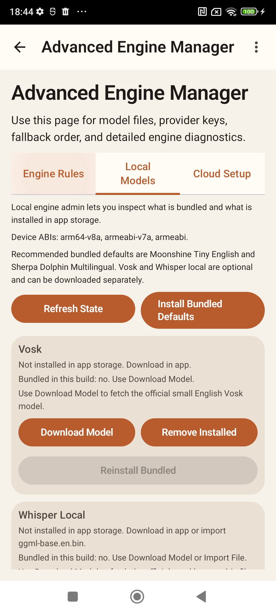 Advanced Engine Manager Local Models tab showing Moonshine, Sherpa, Vosk, and Whisper local engines.