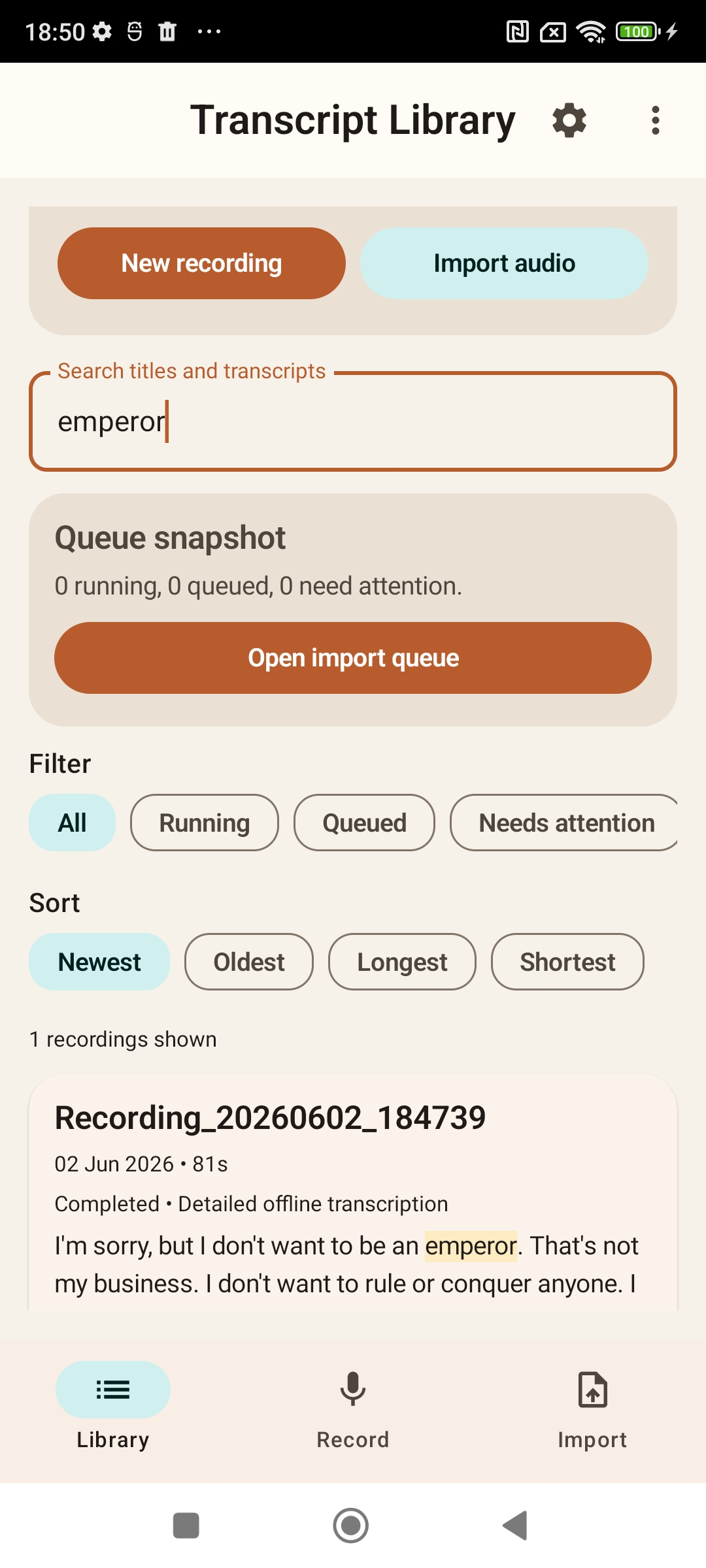 Recording detail screen showing the Transcript tab and More Actions menu.